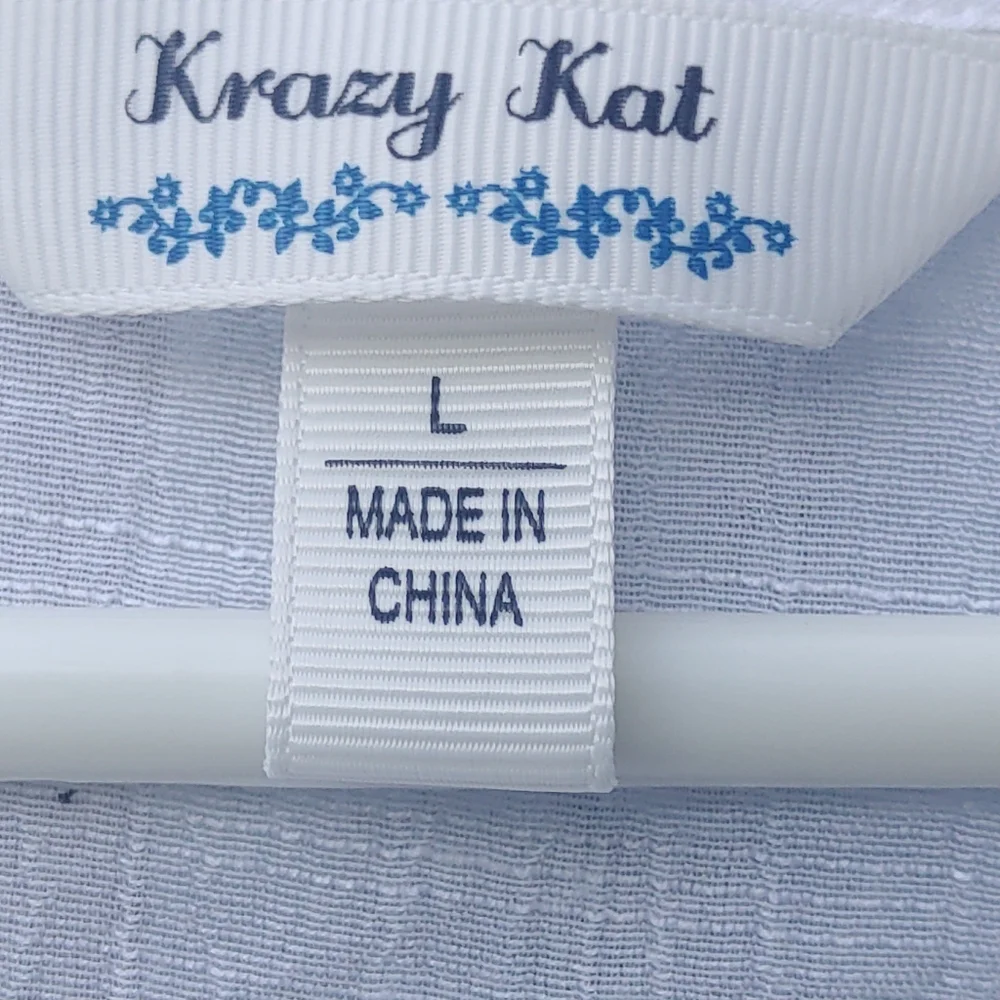 Krazy Kat White Top with Blue Accents Sheer Tassels Beach Top Large
